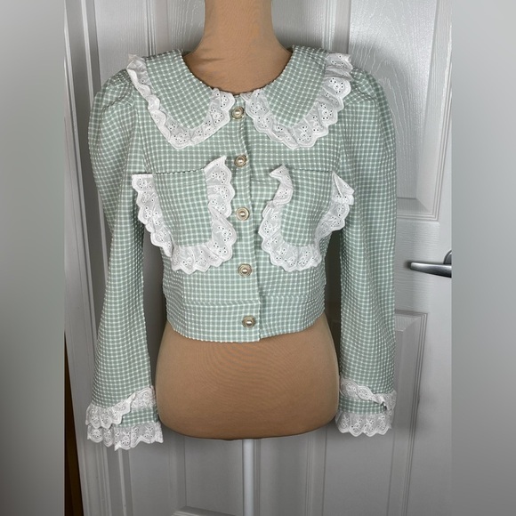 Galeria Chic Green Cropped Gingham Lace Trimmed Women's Top - Picture 4 of 6